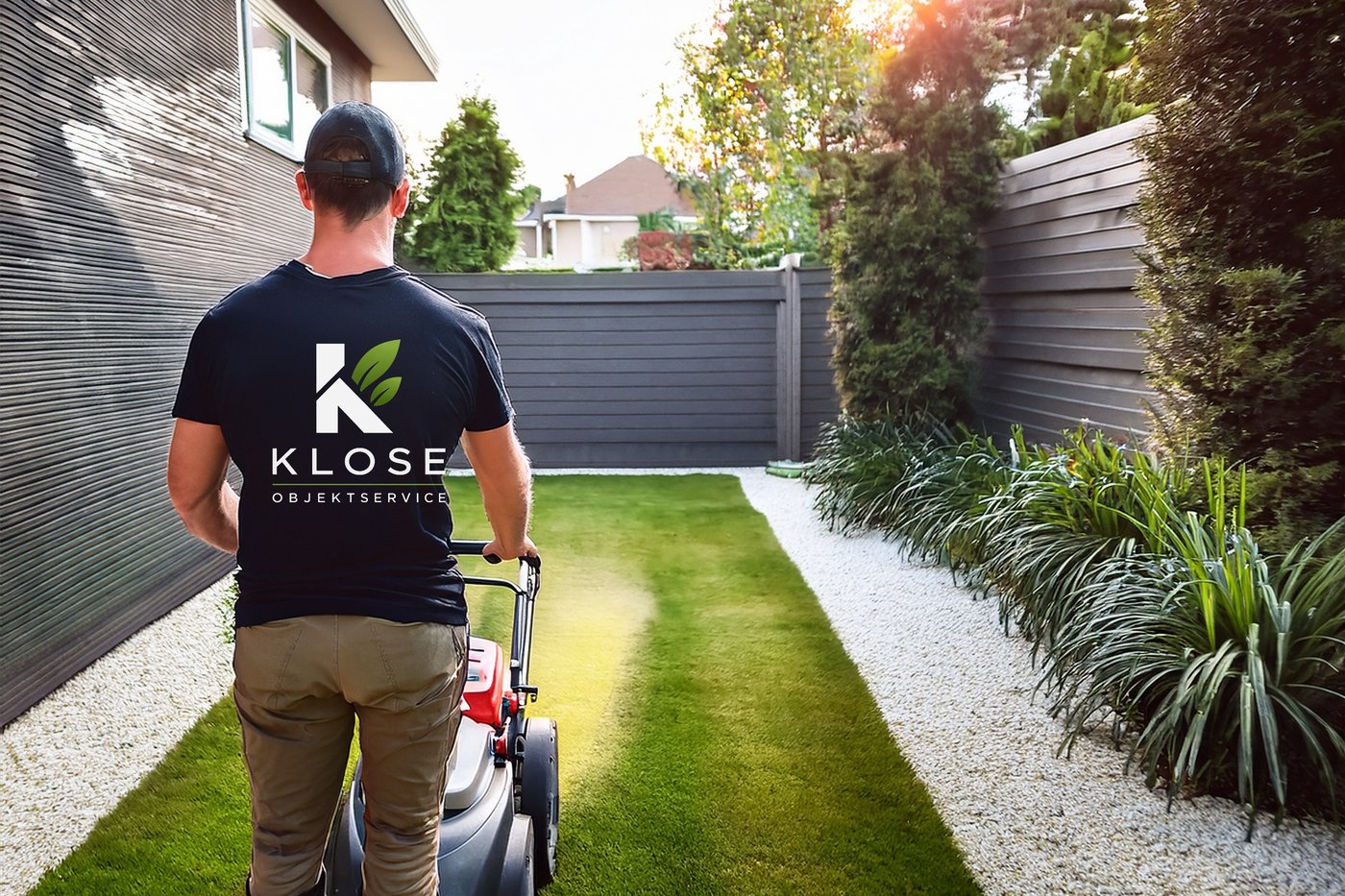 Mitarbeiter von Klose Objektservice beim Rasenmähen in einem gepflegten Garten