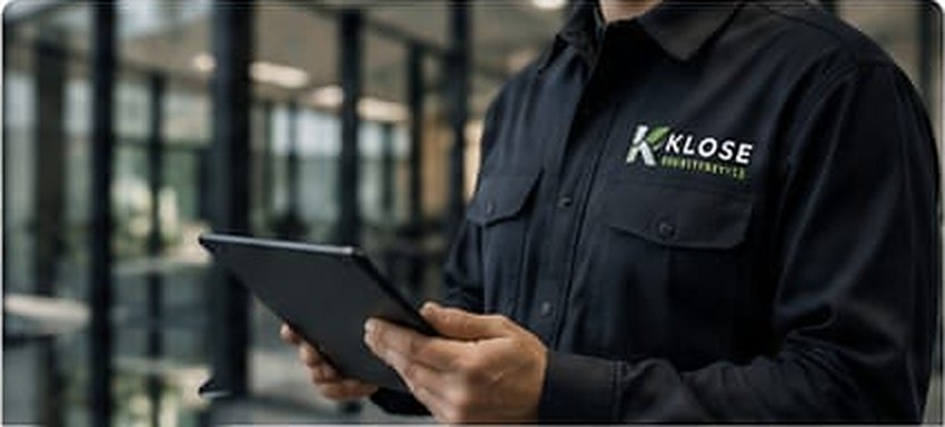 Hausmeister mit Tablet bei der Objektbetreuung